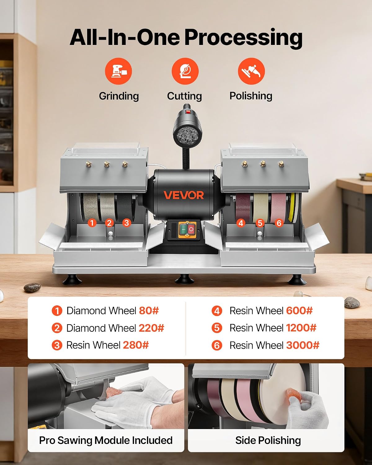 VEVOR Cabbing Machine, 6" 2/5 HP 1800 RPM Efficient, Lapidary Rock Grinder Polisher with D